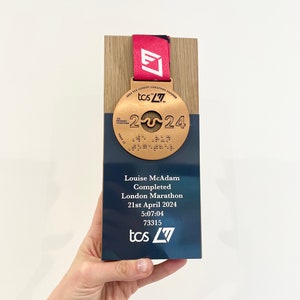 London Marathon Trophy Medal Made From Solid Oak Engraved and Personalised With Your Chosen Words