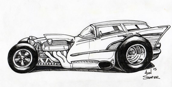 Articles similaires à 57 Chevrolet Kustom Dragster - dessin Original