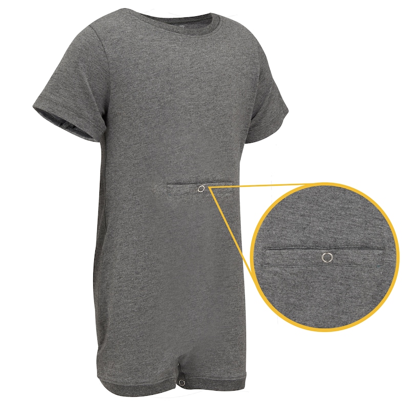 May include: A gray short-sleeved onesie with a small pocket on the front. The pocket has a metal ring.