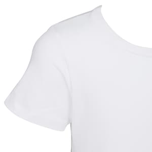 May include: White short-sleeved t-shirt with a crew neck.