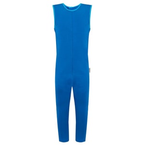 May include: A sleeveless, one-piece blue garment with a round neckline and a vertical seam down the front. The trim around the neckline and armholes is a lighter shade of blue. The garment has full-length legs and appears to be made of a stretchy fabric.