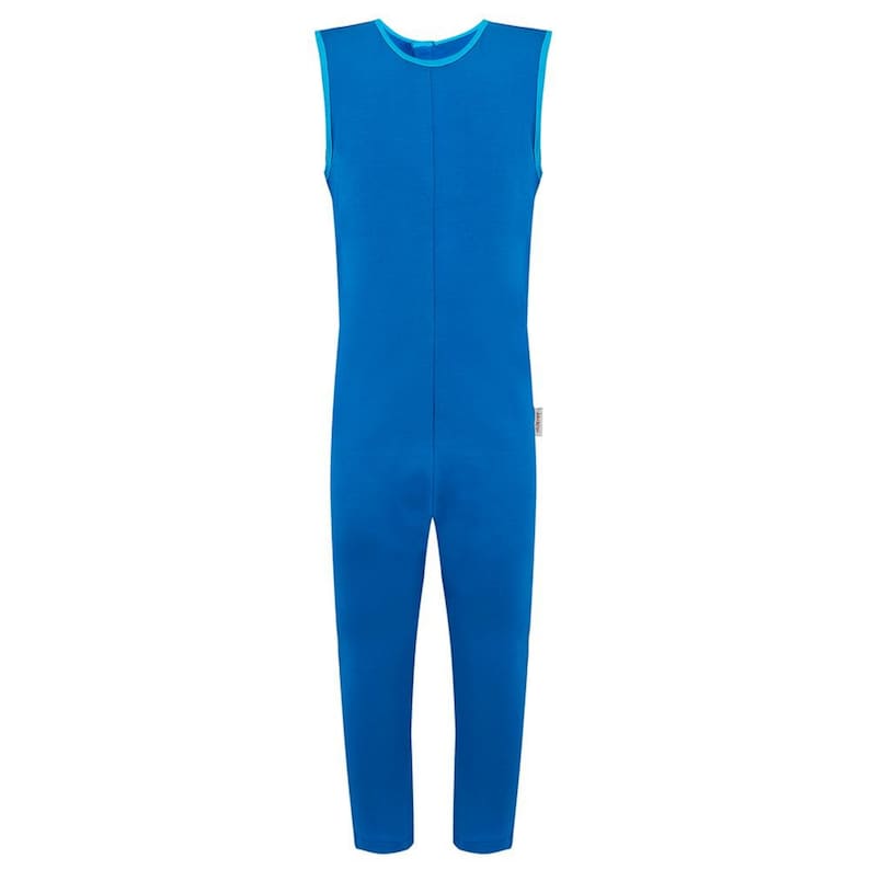 May include: A sleeveless, one-piece blue garment with a round neckline and a vertical seam down the front. The trim around the neckline and armholes is a lighter shade of blue. The garment has full-length legs and appears to be made of a stretchy fabric.