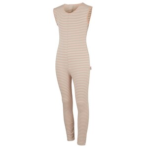 May include: A beige and white striped sleeveless jumpsuit. The one-piece garment has a round neckline and a full-length leg. The edges of the neckline and armholes are trimmed with a light peach color. A small tag is sewn on the side.