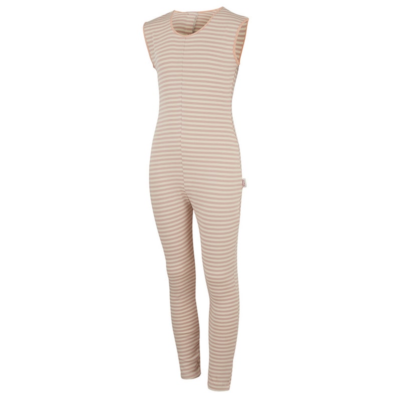May include: A beige and white striped sleeveless jumpsuit. The one-piece garment has a round neckline and a full-length leg. The edges of the neckline and armholes are trimmed with a light peach color. A small tag is sewn on the side.