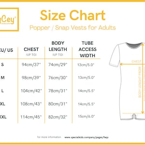 May include: Size chart for adult vests with popper or snap closures. The chart shows measurements in inches and centimeters for chest, body length, and tube access width. Sizes include S, M, L, XL, and XXL.