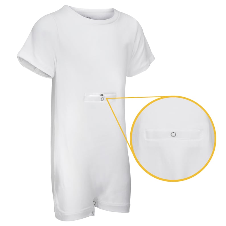 May include: White short-sleeved onesie with a zippered pocket on the front. The pocket has a snap closure and a small loop on the top.