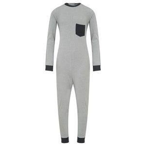 May include: A grey jumpsuit with long sleeves, a dark grey pocket on the chest, and dark grey cuffs and collar. The one-piece garment is designed for comfort and casual wear.