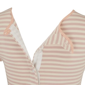May include: Close-up of a striped top in a soft pink and cream color palette. The top features a button-down design with a contrasting white inner lining and a delicate pink trim along the collar and edges. The fabric has a horizontal striped pattern.
