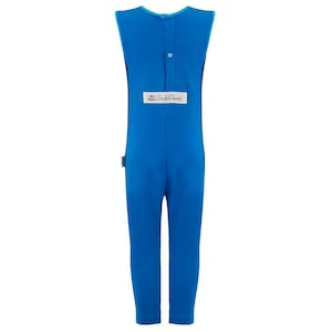 May include: A sleeveless, blue jumpsuit with a button closure on the back. The jumpsuit has a small label with text on the back. The neckline and armholes are trimmed with a lighter blue fabric. The jumpsuit is made of a soft, stretchy material.