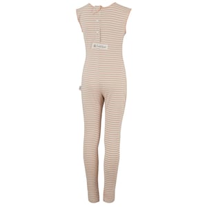 May include: A sleeveless, one-piece jumpsuit in a beige and light brown striped pattern. The jumpsuit has a button closure down the back and a small label with text. The garment is made of a soft, stretchy material.