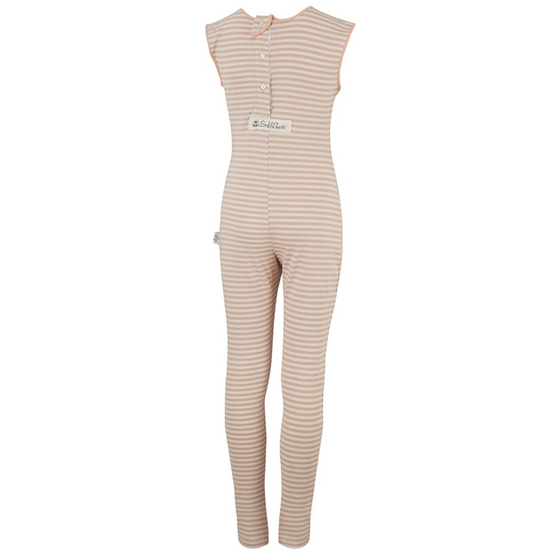 May include: A sleeveless, one-piece jumpsuit in a beige and light brown striped pattern. The jumpsuit has a button closure down the back and a small label with text. The garment is made of a soft, stretchy material.