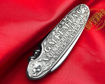 Rare couteau de poche pliant VTG PFAFF gravé des années 1890 en relief Solingen Allemagne