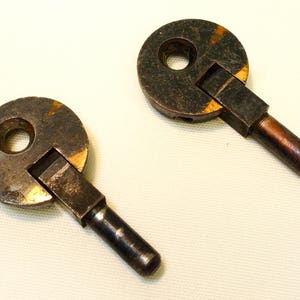 May include: Two antique-style metal keys with round heads and a hinge-like mechanism. The keys are dark brown with gold accents and have a worn, aged appearance.