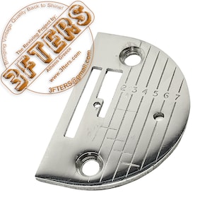 May include: A silver sewing machine foot with a numbered scale from 2 to 7. The foot has a slot for a needle and two holes for screws.