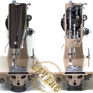 May include: Two vintage sewing machines. One is a closed model with a brown casing, the other is open, revealing the internal mechanisms. Both machines are beige and brown, with silver and black accents. They sit on a beige base.