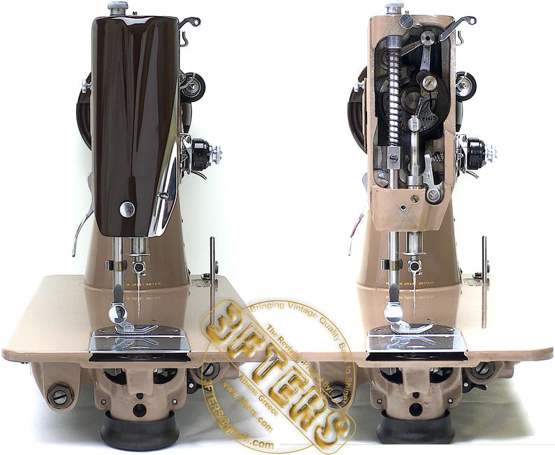 May include: Two vintage sewing machines. One is a closed model with a brown casing, the other is open, revealing the internal mechanisms. Both machines are beige and brown, with silver and black accents. They sit on a beige base.