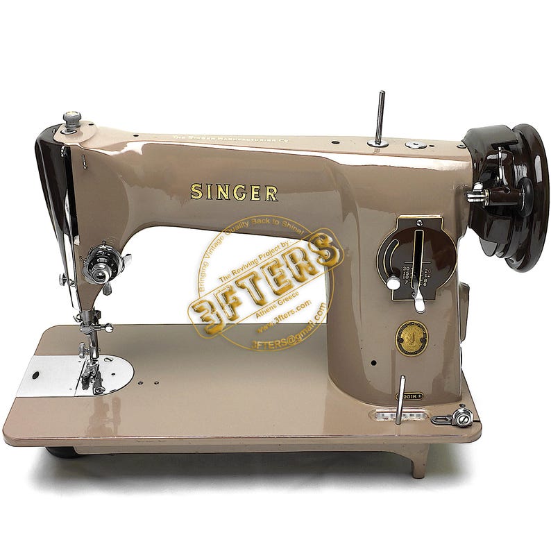 May include: A vintage Singer sewing machine in a tan color scheme. The machine features the Singer logo and various mechanical components. The image also includes text from "3FTERS" and their website.