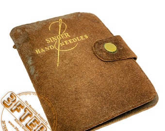 Raro kit de costura de agujas de mano SINGER antiguo en caja de libro de bolsa de cuero VTG