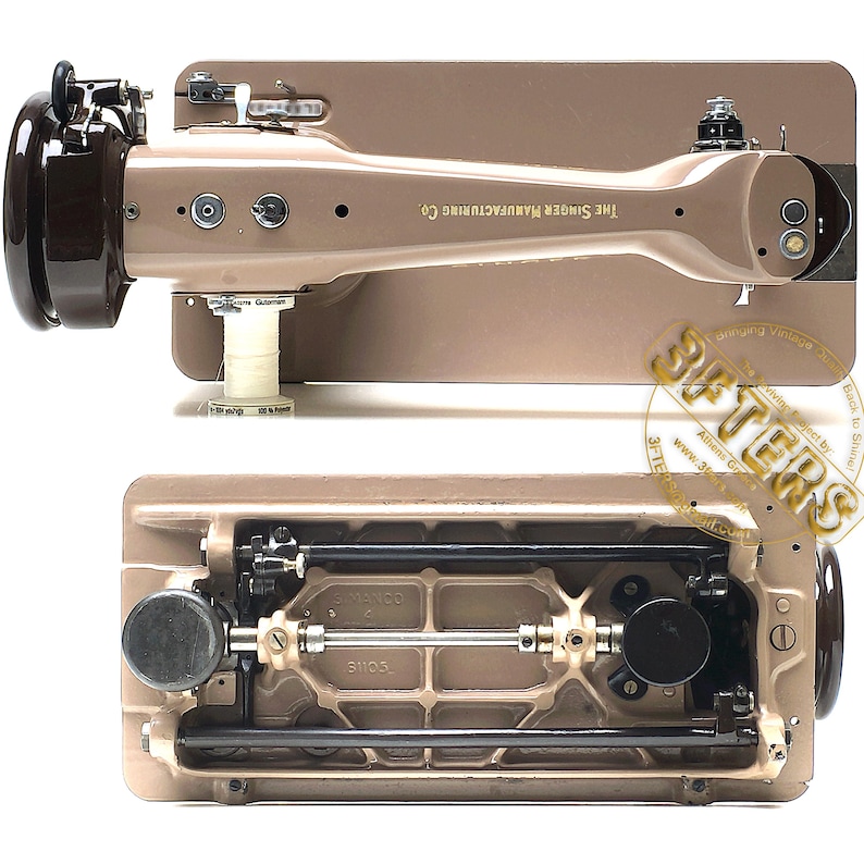 May include: Vintage Singer sewing machine in tan and brown. The machine has a curved arm and a base with intricate mechanical components. The Singer Manufacturing Co. is printed on the arm. The machine is in good condition.