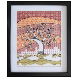 May include: Framed cross-stitch artwork featuring a stylised tree with swirling branches in black and white against a background of red, orange, and yellow geometric patterns.