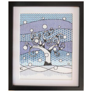 May include: A framed cross-stitch embroidery depicting a stylised white tree with swirling branches against a blue and purple background with white snowflakes. The background is a repeating pattern of snowflakes.