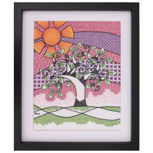 May include: Framed artwork depicting a stylized tree with a white trunk and green leaves. The background features a pink and purple sky with an orange sun. The artwork is in a black frame.