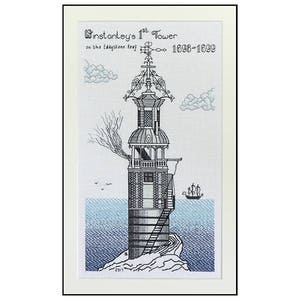 May include: A black and white illustration of the first Eddystone Lighthouse, built in 1698. The lighthouse is a tall, slender tower with a conical roof and a lantern at the top. The tower is surrounded by a small island and the sea. The text "Winstanley's 1st Tower on the Eddystone Reef 1698-1699" is at the top of the image.