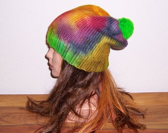 Strickmütze, Beanie, Wollmütze mit Bommel "Regenbogen"