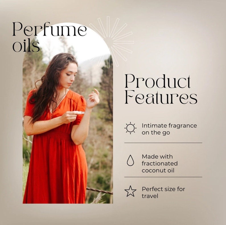 Puede incluir: Una mujer con un vestido rojo sostiene un peque&ntilde;o frasco de aceite de perfume. El frasco est&aacute; etiquetado con "Perfume oils". La imagen tambi&eacute;n incluye texto que dice "Product Features" y enumera tres caracter&iacute;sticas: "Intimate fragrance on the go", "Made with fractionated coconut oil" y "Perfect size for travel".