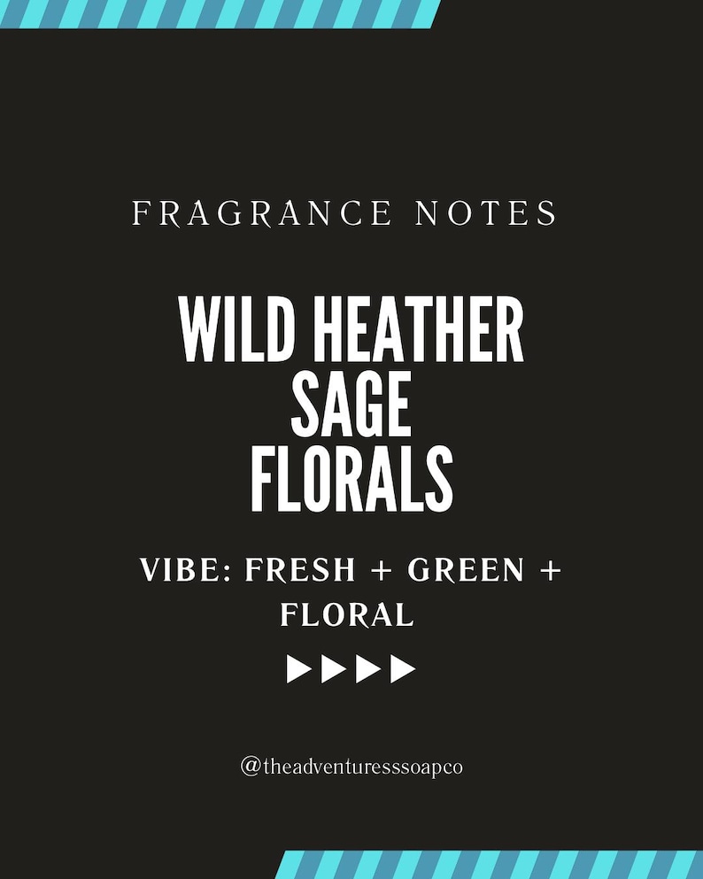 Pode incluir: Gr&aacute;fico preto com texto "FRAGRANCE NOTES" e "WILD HEATHER SAGE FLORALS". Abaixo, est&aacute; escrito "VIBE: FRESH + GREEN + FLORAL". A imagem tem uma borda listrada turquesa e branca e o texto "@theadventuresssoapco".