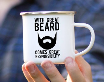 Beard Camp Mug, With Great Beard Comes Great Responsibility, Beard Enamel Mug, Outdoor Gift For Man, Funny Father's Day Camp Mug, Beard Fan