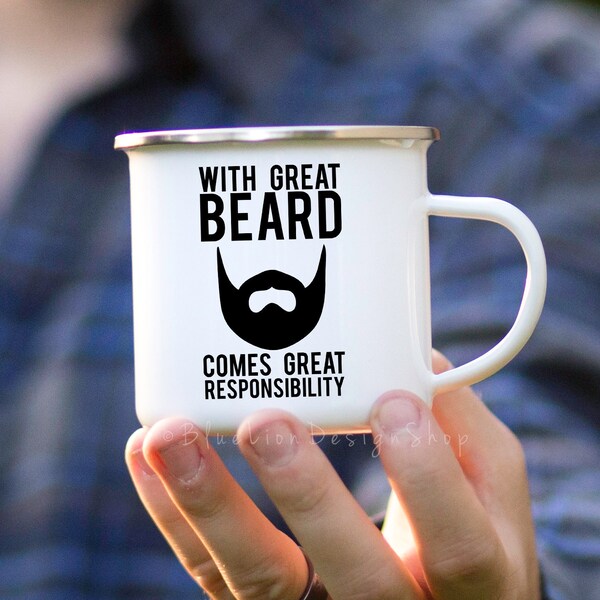 Beard Camp Mug, With Great Beard Comes Great Responsibility, Beard Enamel Mug, Outdoor Gift For Man, Funny Father's Day Camp Mug, Beard Fan