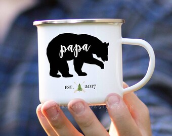 Papa Bear Camp Mug, Personalized Papa Bear Enamel Mug, Papa Bear Adventure Gift, New Dad Camp Mug, Enamelware Dad Mug, Outdoor Gift for Dad