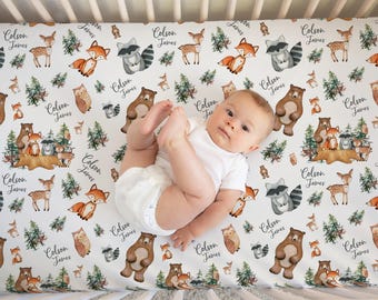 Woodland Crib Sheet, Woodland Baby Crib Sheet, Fitted Crib Sheet, Standard or Mini Crib Sheet, Nursery Bedding, Woodland Nursery W1