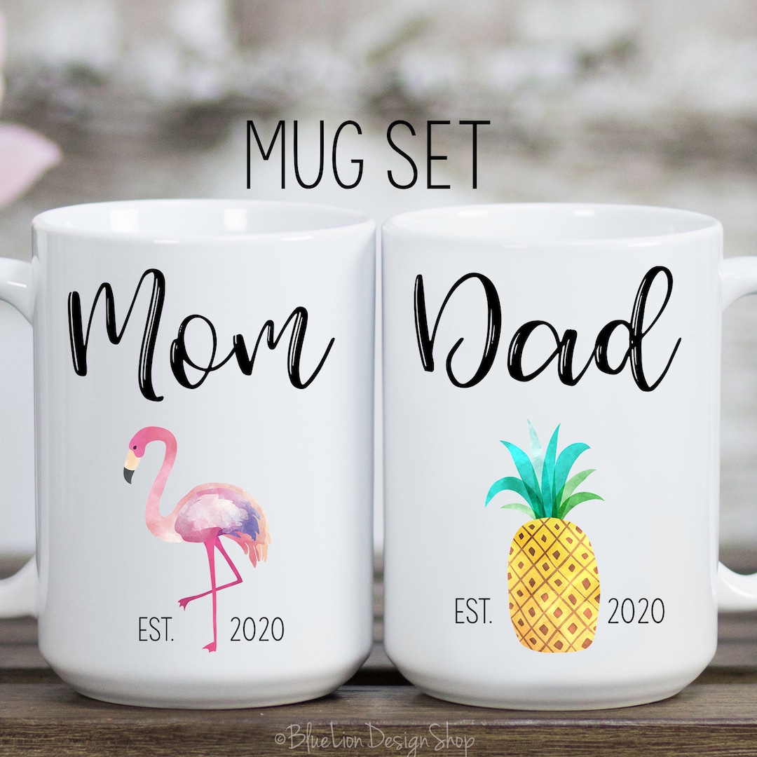 Mom and Dad Mug Set, New Mom and Dad Mugs, Mom and Dad Established Mugs, Tropical Mug Set, New