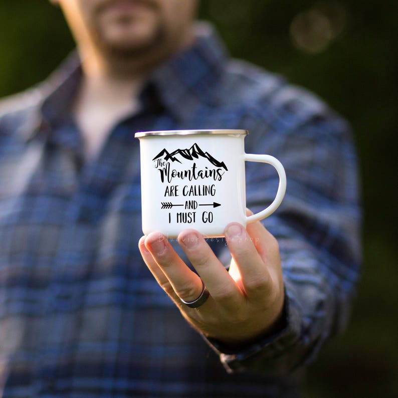 Adventure Mountain Camp Mug, Mountains Are Calling and I Must Go Enamel Mug, Adventure Enamel Mug, Mountain Mug, Outdoor Gift for Husband image 1