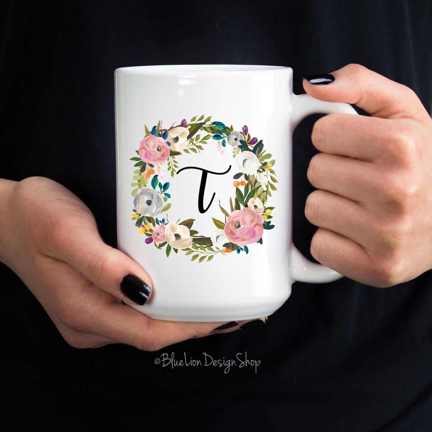 Initial Mug Monogram Initial Mug Flower Wreath Initial Mug Etsy