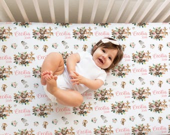 Girl Woodland Crib Sheet, Woodland Baby Crib Sheet, Fitted Crib Sheet, Standard or Mini Crib Sheet, Nursery Bedding, Woodland Nursery W28