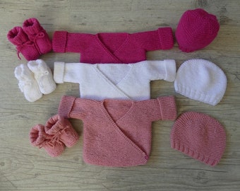 Ensemble 3 pièces brassière chaussons et bonnet fait main | Cadeau de naissance | Layette bébé naissance à 3 mois | Tricoté main