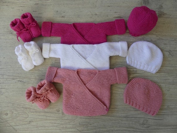 Handmade 3-piece set: baby vest, booties, and hat Baby shower gift Baby  layette from birth to months Hand knitted