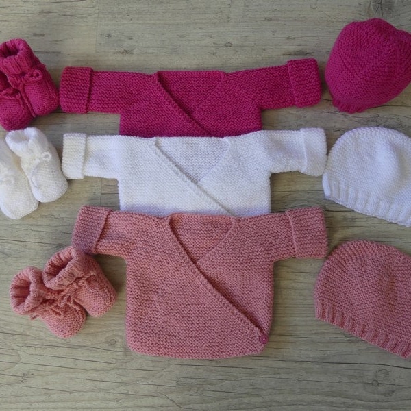 Ensemble 3 pièces brassière chaussons et bonnet fait main | Cadeau de naissance | Layette bébé naissance à 3 mois | Tricoté main