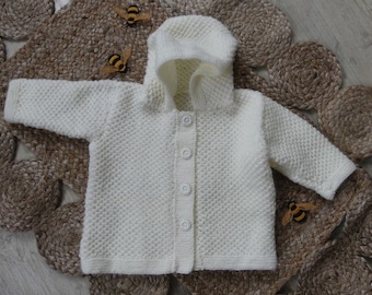Paletot enfant à capuche tricot fait main de 9 à  18 mois | Veste capuche pour petite fille ou petit garçon