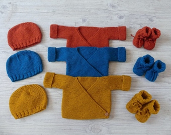 Ensemble 3 pièces brassière chaussons et bonnet fait main | Cadeau de naissance | Layette bébé naissance à 3 mois | Tricoté main