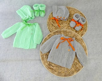 Ensemble 3 pièces brassière chaussons et bonnet fait main | Cadeau de naissance | Layette bébé naissance à 3 mois | Tricoté main