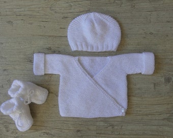 Ensemble 3 pièces brassière chaussons et bonnet fait main | Cadeau de naissance | Layette bébé naissance à 3 mois | Tricoté main