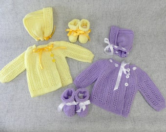 Ensemble 3 pièces brassière chaussons et bonnet fait main | Cadeau de naissance | Layette bébé naissance à 3 mois | Tricoté main