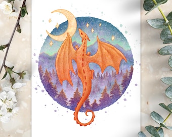 Flying Orange Dragon Moon Art Print | Nature Mountain Animal Wall Decor