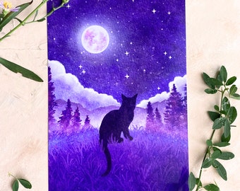 Celestial Black Cat Art Print | Magical Forest Animal Art Decor | Moon Home Wall