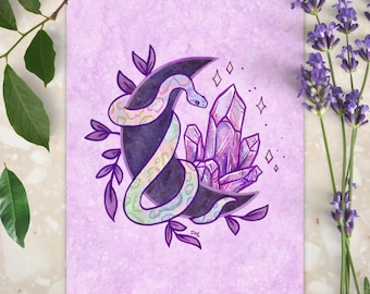 Witchy Snake Crystal Art Print | Pastel Goth Wall Art | Celestial Moon Animal Home Decor