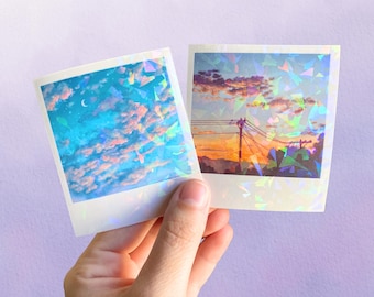 Holographic Polaroid Stickers: Dreamy Lofi Celestial Cloud Set